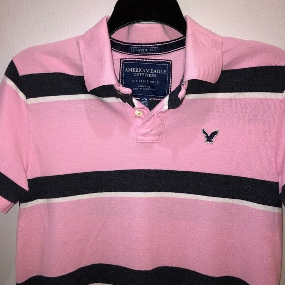 American Eagle Mens Medium Pink Striped Classic Fit Short Sleeve Polo Shirt Sz M - Picture 5 of 8